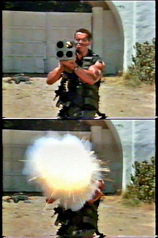 Scena z pirackiego wydania filmu 'Commando', Arnold Schwarzenegger strzela z bazooki.